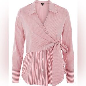 Who What Wear Red White Striped Wrap Bow Button Up Shirt XS